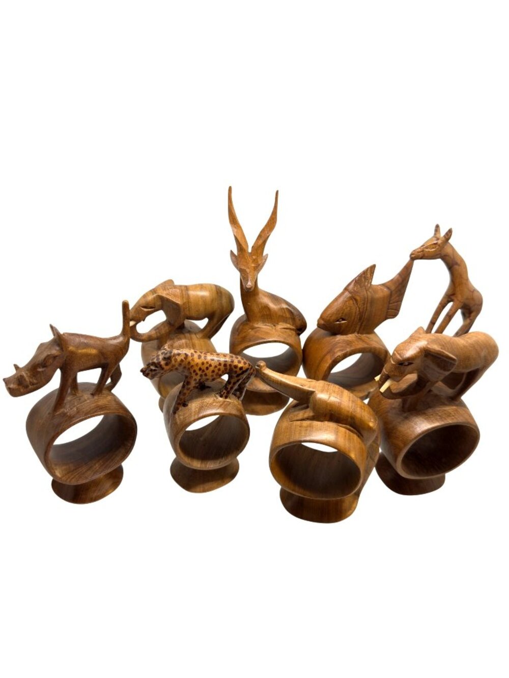 Hand-Carved Wood Safari Animal Napkin Ring Set Boho Elephant Fish Giraffe Kenya